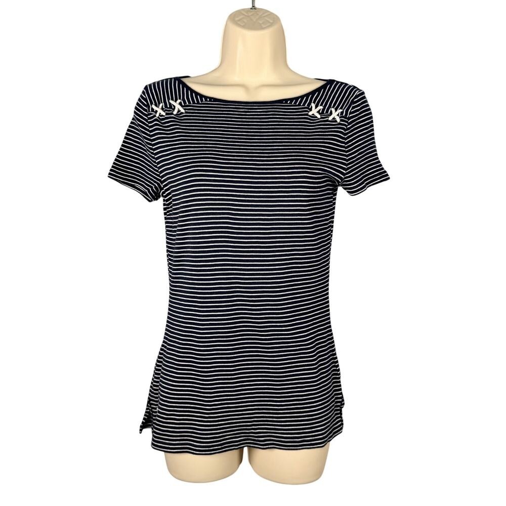 Lauren Ralph‎ Lauren Top Womens Small Navy Stripe Cotton Nautical Rope Detail